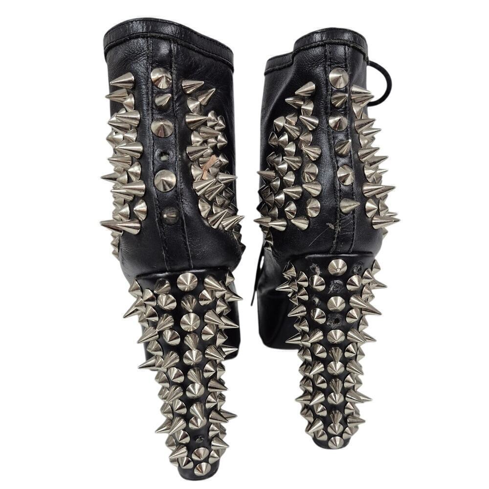 Spike Black Leather Silver Metal Spike Stud Platform Laceup Shoe Boots Sz 6.5 - Picture 14 of 16